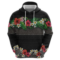 Hawaiian Tropical Flowers and Tribal Polynesian Tattoo Zip Hoodie Black Color