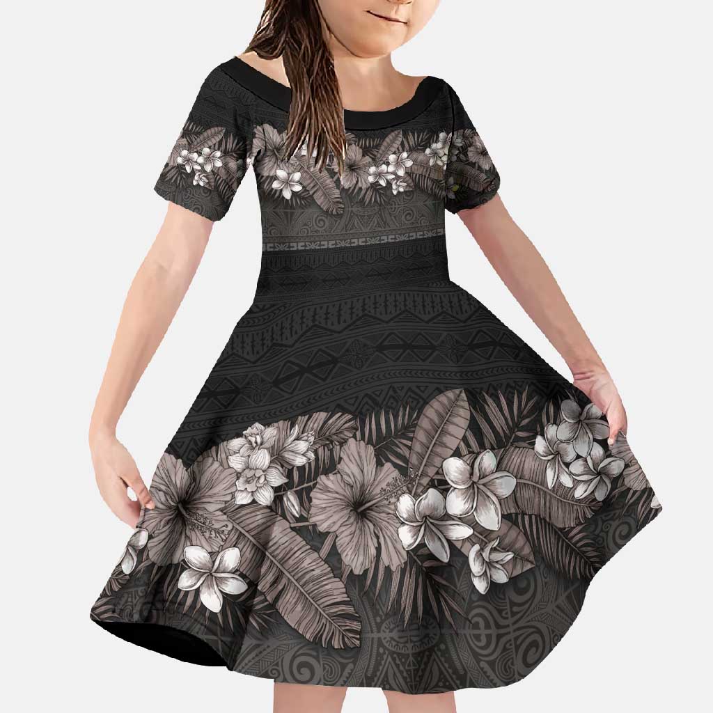 Hawaiian Tropical Flowers and Tribal Polynesian Tattoo Family Matching Long Sleeve Bodycon Dress and Hawaiian Shirt Grayscale Mode LT03 Daughter's Dress Black - Polynesian Pride