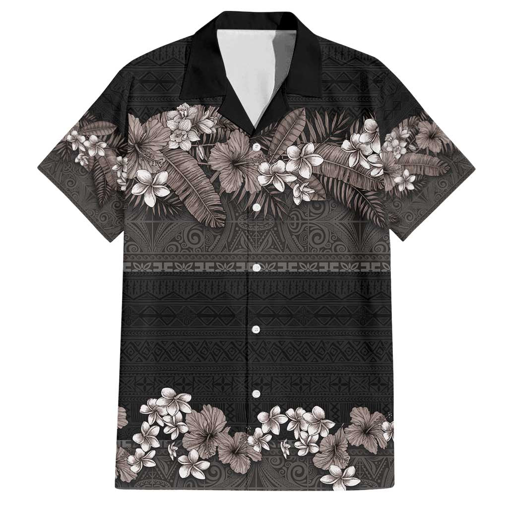 Hawaiian Tropical Flowers and Tribal Polynesian Tattoo Family Matching Long Sleeve Bodycon Dress and Hawaiian Shirt Grayscale Mode LT03 Dad's Shirt - Short Sleeve Black - Polynesian Pride