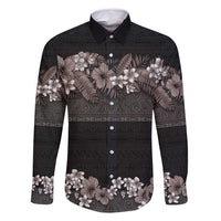 Hawaiian Tropical Flowers and Tribal Polynesian Tattoo Family Matching Long Sleeve Bodycon Dress and Hawaiian Shirt Grayscale Mode LT03 Dad's Shirt - Long Sleeve Black - Polynesian Pride