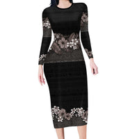 Hawaiian Tropical Flowers and Tribal Polynesian Tattoo Family Matching Long Sleeve Bodycon Dress and Hawaiian Shirt Grayscale Mode LT03 Mom's Dress Black - Polynesian Pride