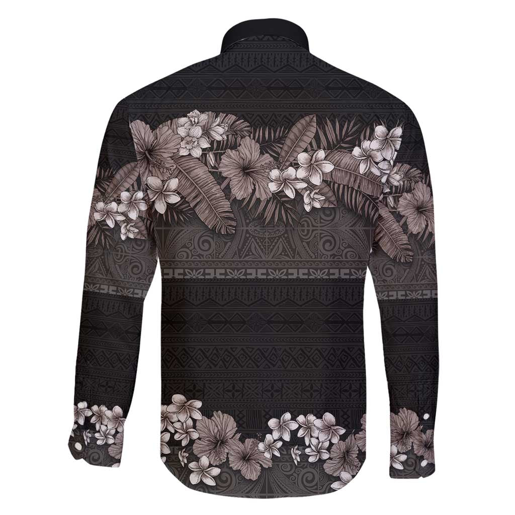 Hawaiian Tropical Flowers and Tribal Polynesian Tattoo Family Matching Off Shoulder Maxi Dress and Hawaiian Shirt Grayscale Mode