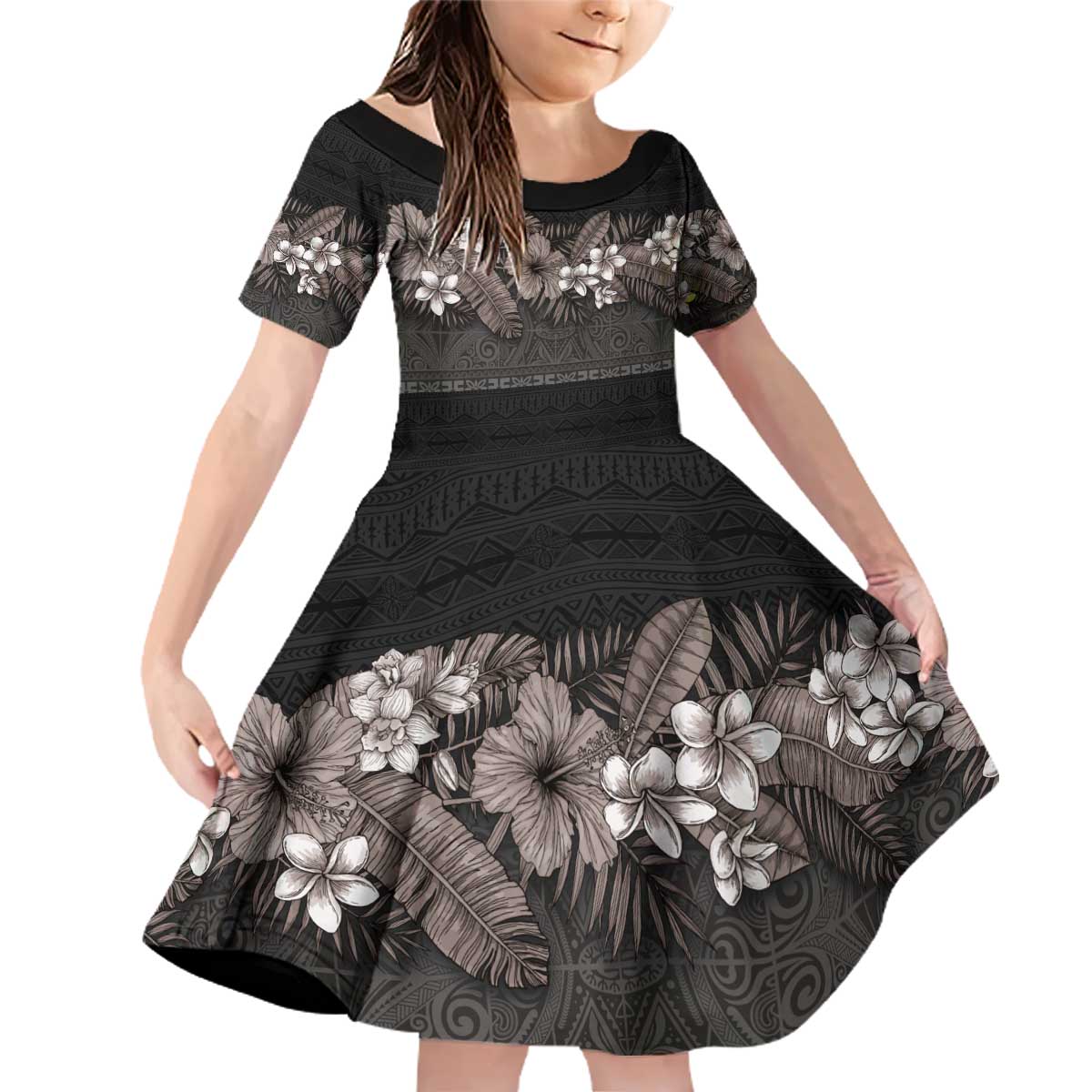 Hawaiian Tropical Flowers and Tribal Polynesian Tattoo Family Matching Off Shoulder Short Dress and Hawaiian Shirt Grayscale Mode