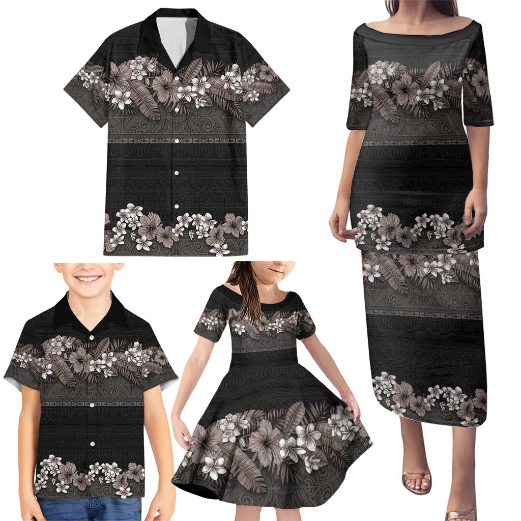 Hawaiian Tropical Flowers and Tribal Polynesian Tattoo Family Matching Puletasi and Hawaiian Shirt Grayscale Mode LT03 - Polynesian Pride