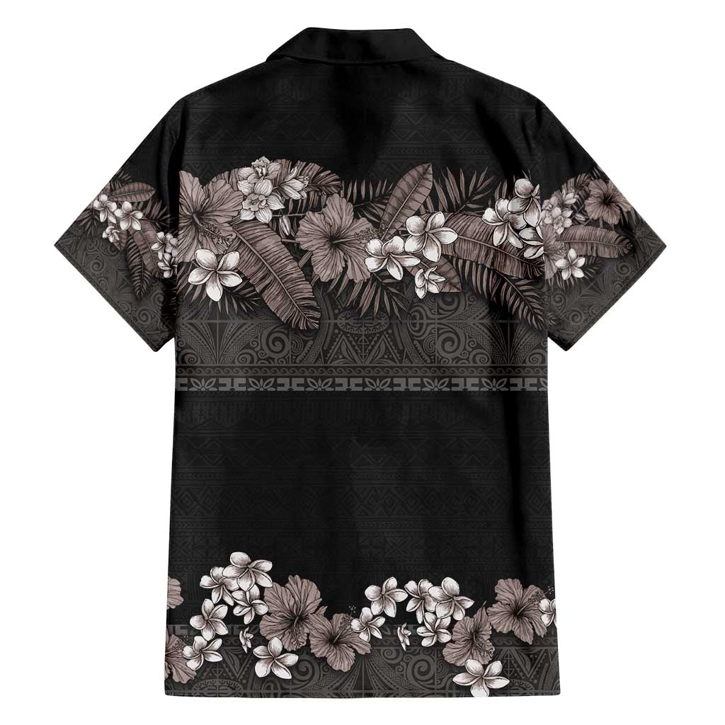 Hawaiian Tropical Flowers and Tribal Polynesian Tattoo Family Matching Puletasi and Hawaiian Shirt Grayscale Mode LT03 - Polynesian Pride