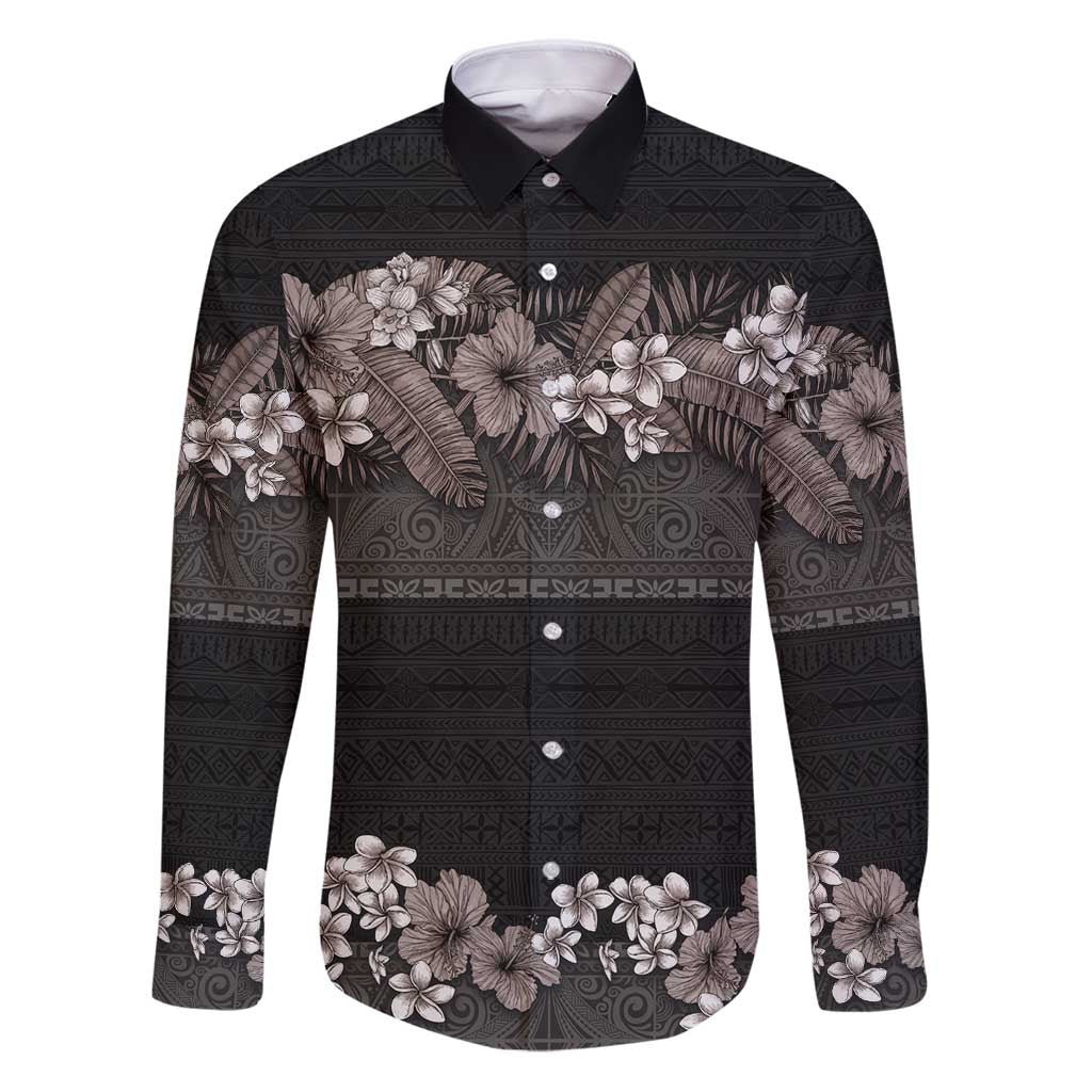 Hawaiian Tropical Flowers and Tribal Polynesian Tattoo Family Matching Puletasi and Hawaiian Shirt Grayscale Mode LT03 Dad's Shirt - Long Sleeve Black - Polynesian Pride