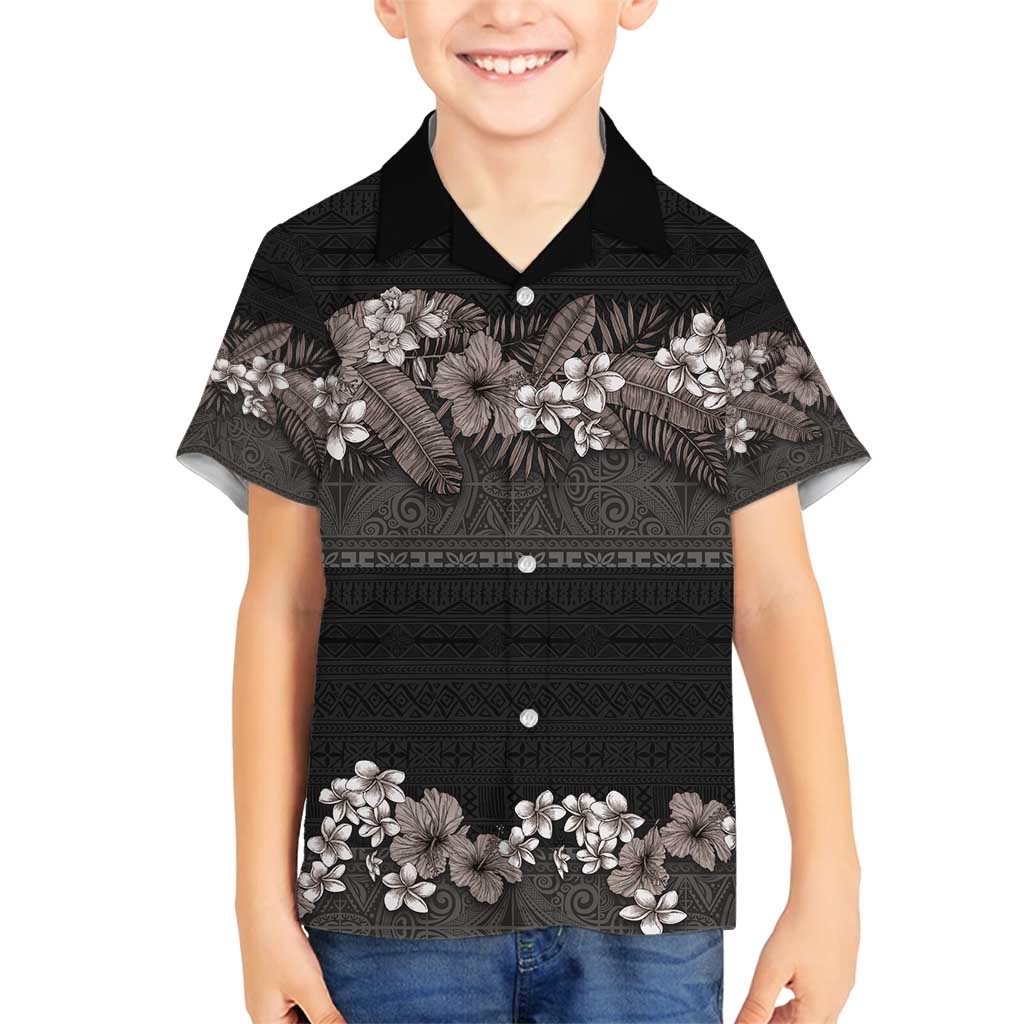 Hawaiian Tropical Flowers and Tribal Polynesian Tattoo Family Matching Puletasi and Hawaiian Shirt Grayscale Mode LT03 Son's Shirt Black - Polynesian Pride