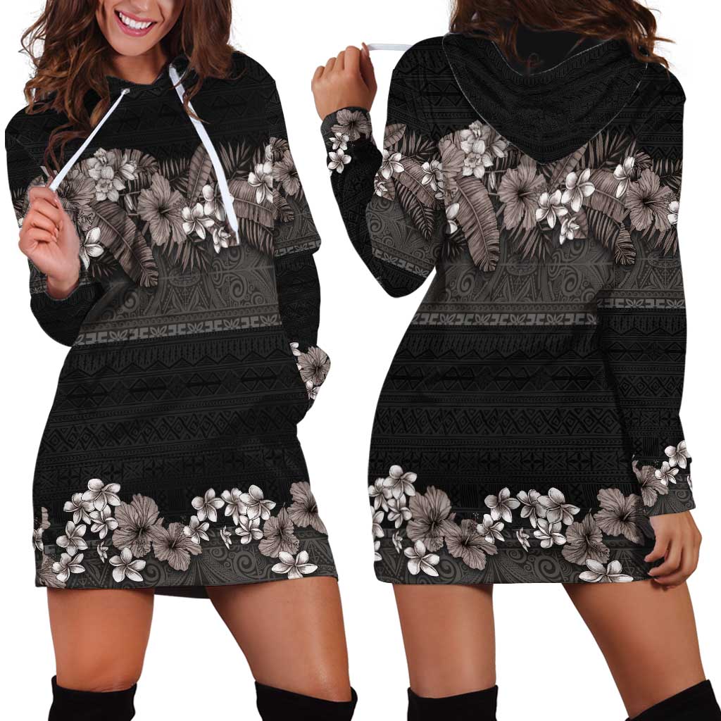 Hawaiian Tropical Flowers and Tribal Polynesian Tattoo Hoodie Dress Grayscale Mode