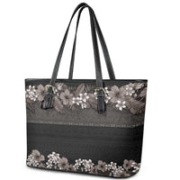 Hawaiian Tropical Flowers and Tribal Polynesian Tattoo Leather Tote Bag Grayscale Mode