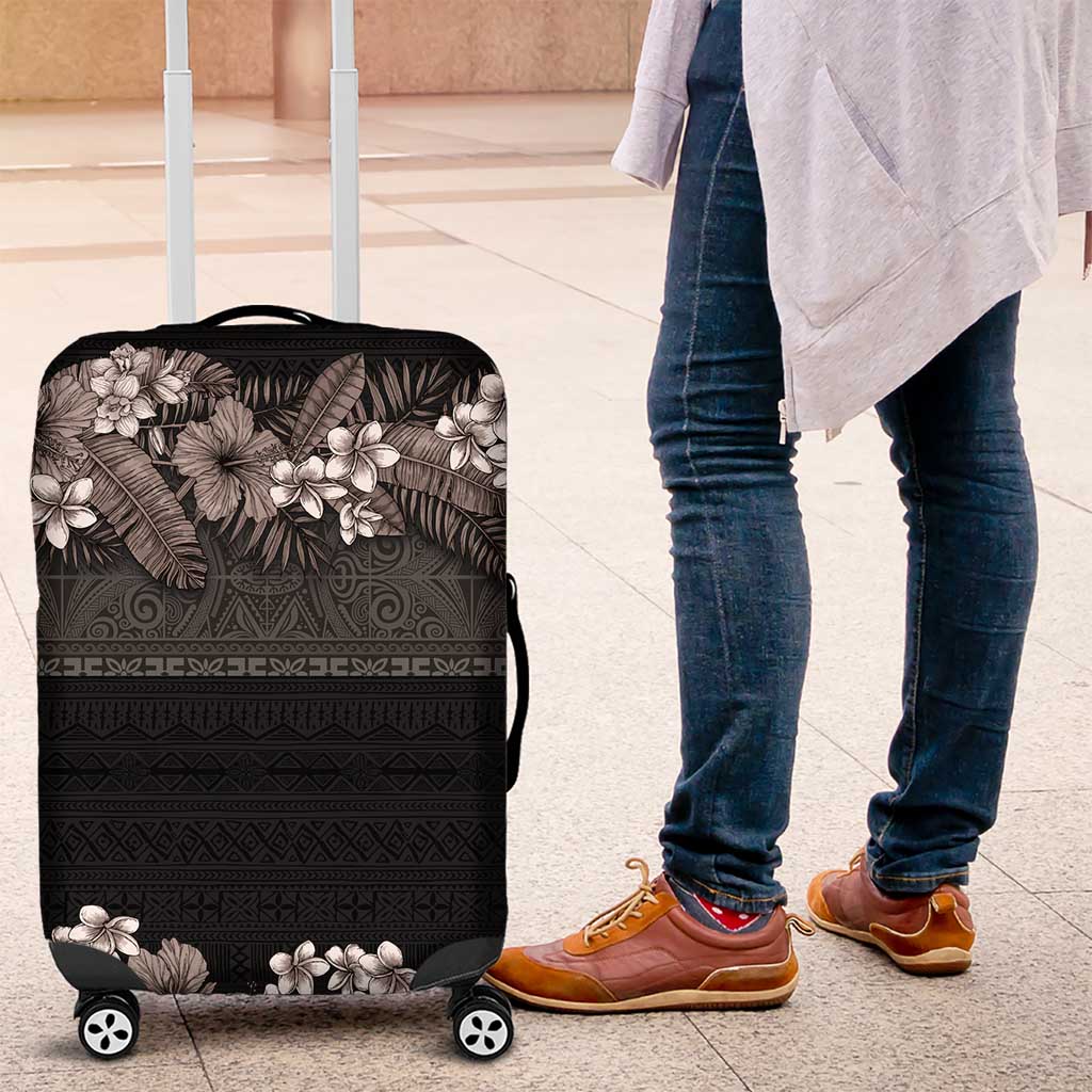 Hawaiian Tropical Flowers and Tribal Polynesian Tattoo Luggage Cover Grayscale Mode