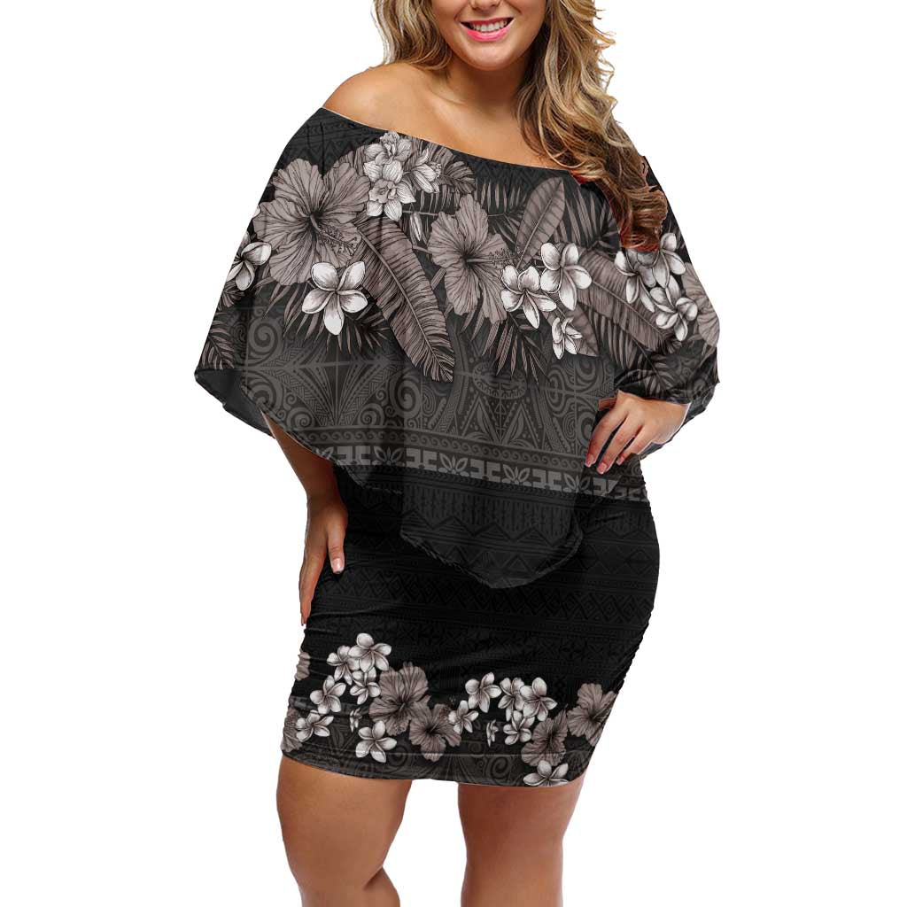 Hawaiian Tropical Flowers and Tribal Polynesian Tattoo Off Shoulder Short Dress Grayscale Mode LT03