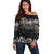 Hawaiian Tropical Flowers and Tribal Polynesian Tattoo Off Shoulder Sweater Grayscale Mode