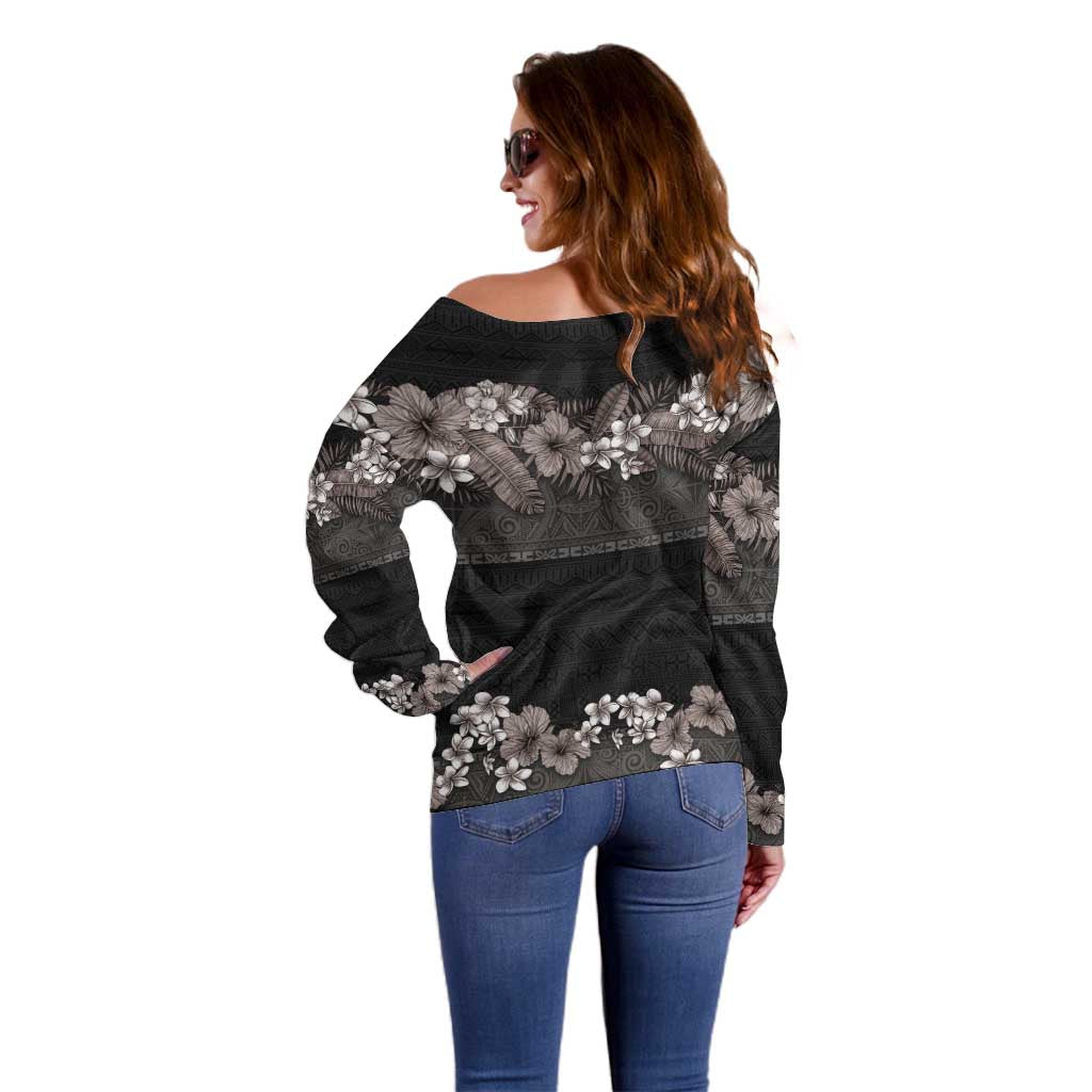 Hawaiian Tropical Flowers and Tribal Polynesian Tattoo Off Shoulder Sweater Grayscale Mode