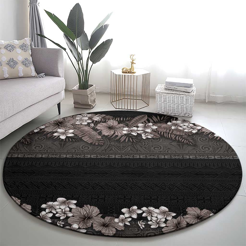 Hawaiian Tropical Flowers and Tribal Polynesian Tattoo Round Carpet Grayscale Mode