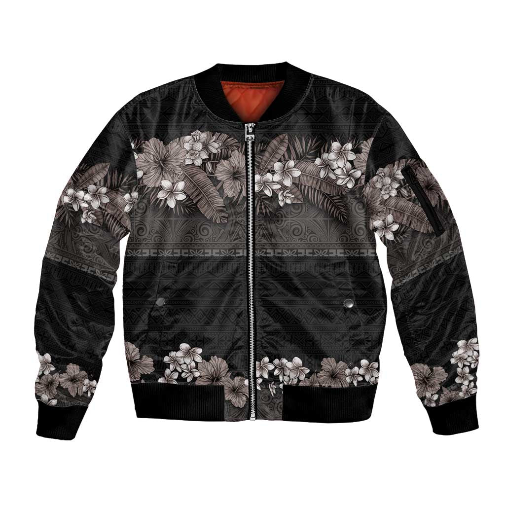 Hawaiian Tropical Flowers and Tribal Polynesian Tattoo Sleeve Zip Bomber Jacket Grayscale Mode LT03 Unisex Black - Polynesian Pride