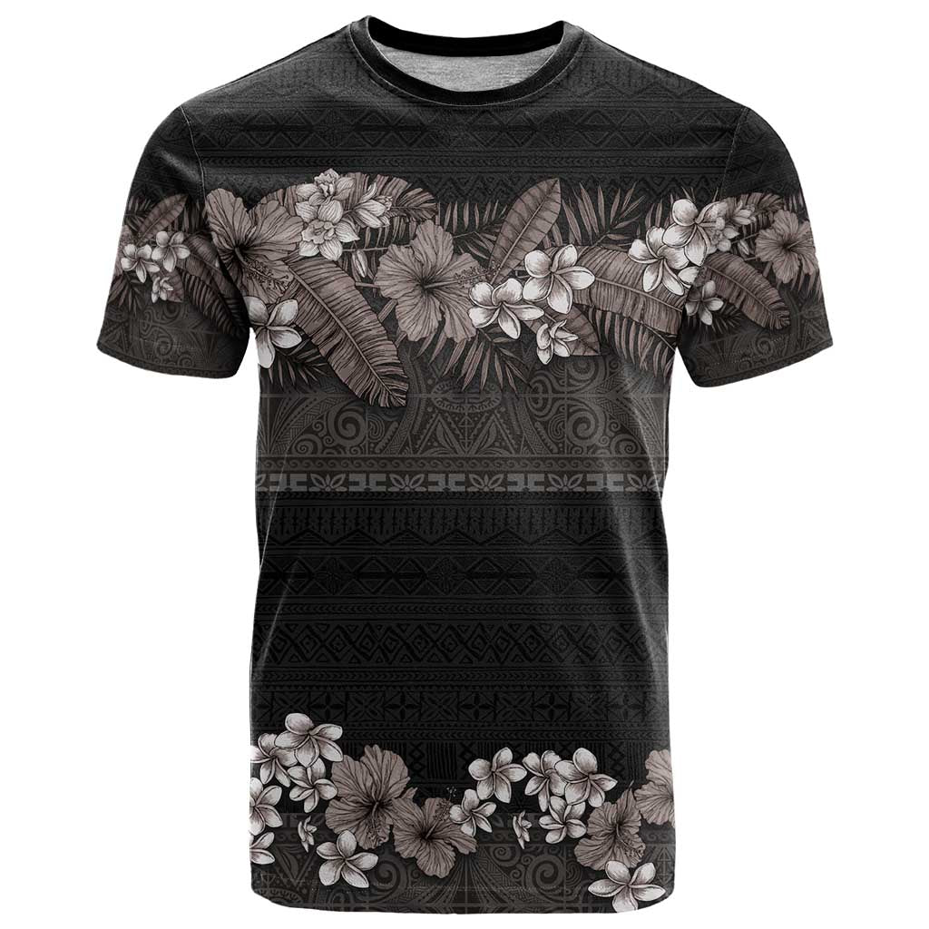 Hawaiian Tropical Flowers and Tribal Polynesian Tattoo T Shirt Grayscale Mode