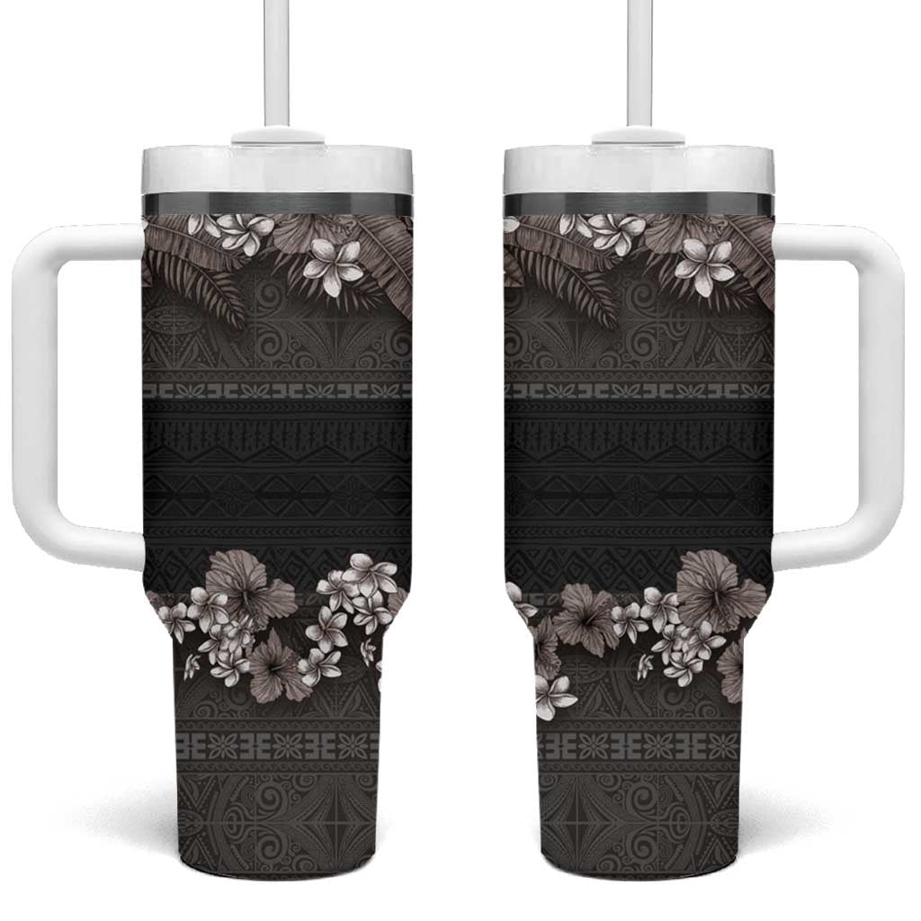 Hawaiian Tropical Flowers and Tribal Polynesian Tattoo Tumbler With Handle Grayscale Mode