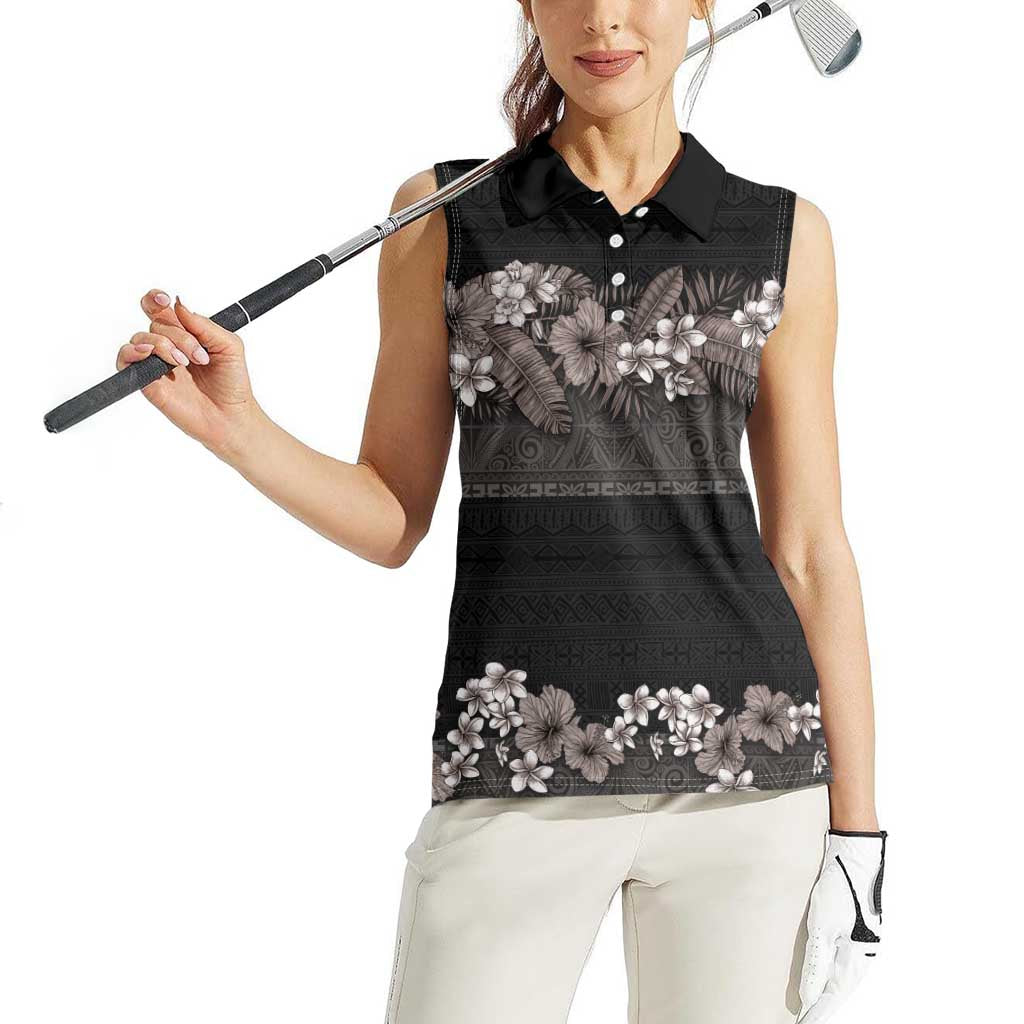 Hawaiian Tropical Flowers and Tribal Polynesian Tattoo Women Sleeveless Polo Shirt Grayscale Mode