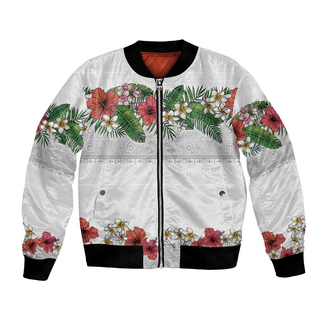 Hawaiian Tropical Flowers and Tribal Polynesian Tattoo Bomber Jacket White Color