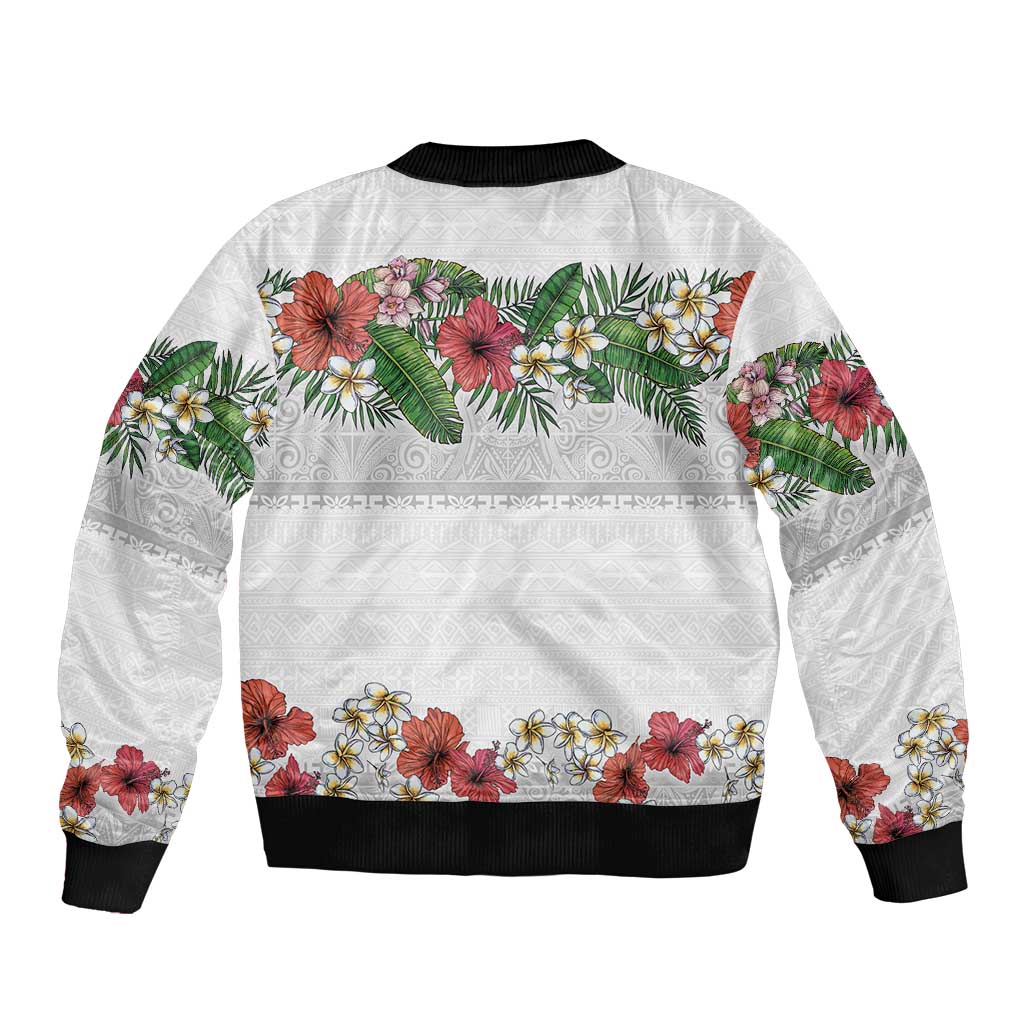 Hawaiian Tropical Flowers and Tribal Polynesian Tattoo Bomber Jacket White Color LT03 - Polynesian Pride