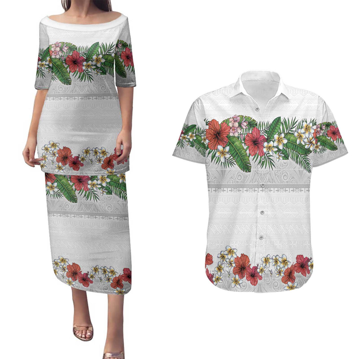 Hawaiian Tropical Flowers and Tribal Polynesian Tattoo Couples Matching Puletasi and Hawaiian Shirt White Color LT03 White - Polynesian Pride
