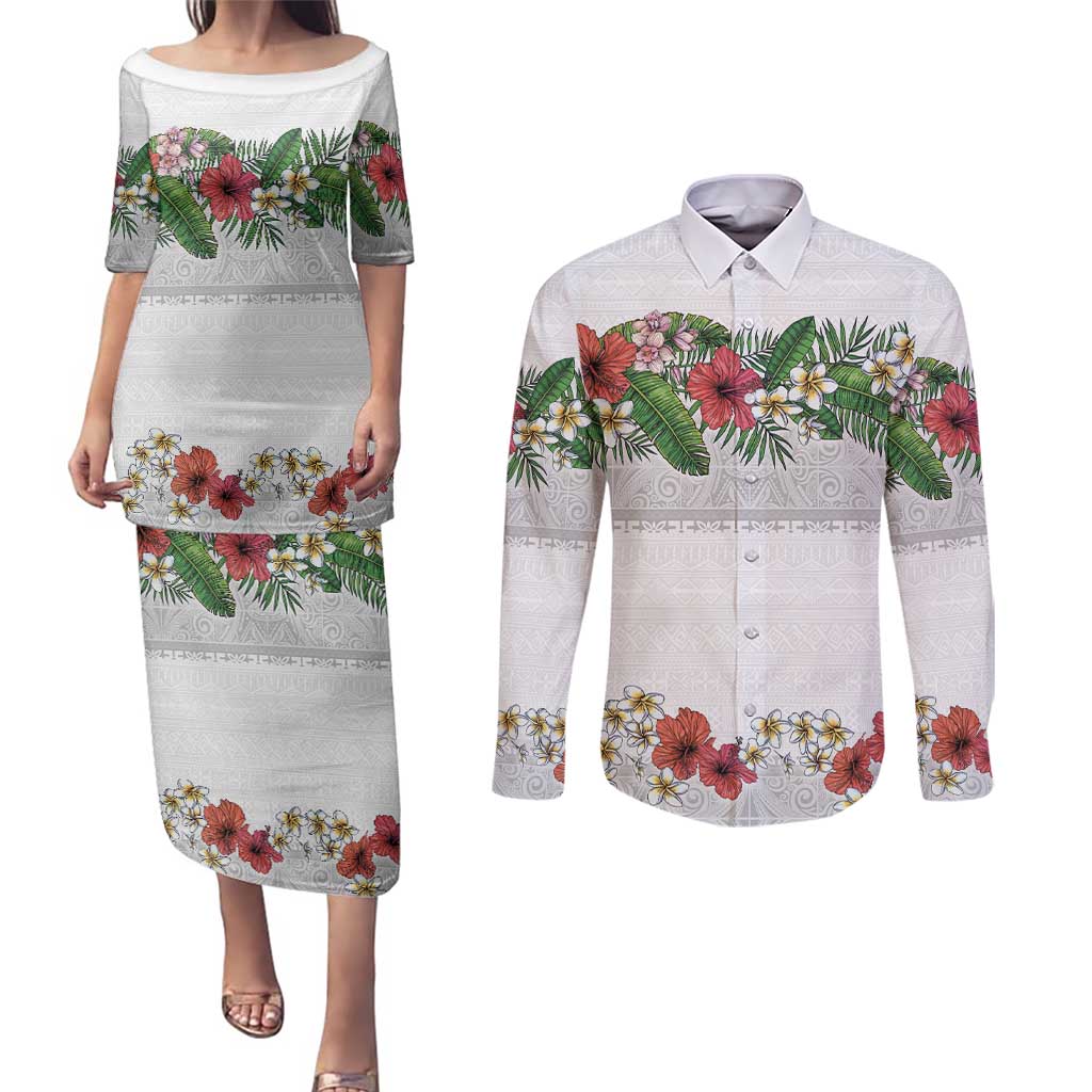 Hawaiian Tropical Flowers and Tribal Polynesian Tattoo Couples Matching Puletasi and Long Sleeve Button Shirt White Color LT03 White - Polynesian Pride