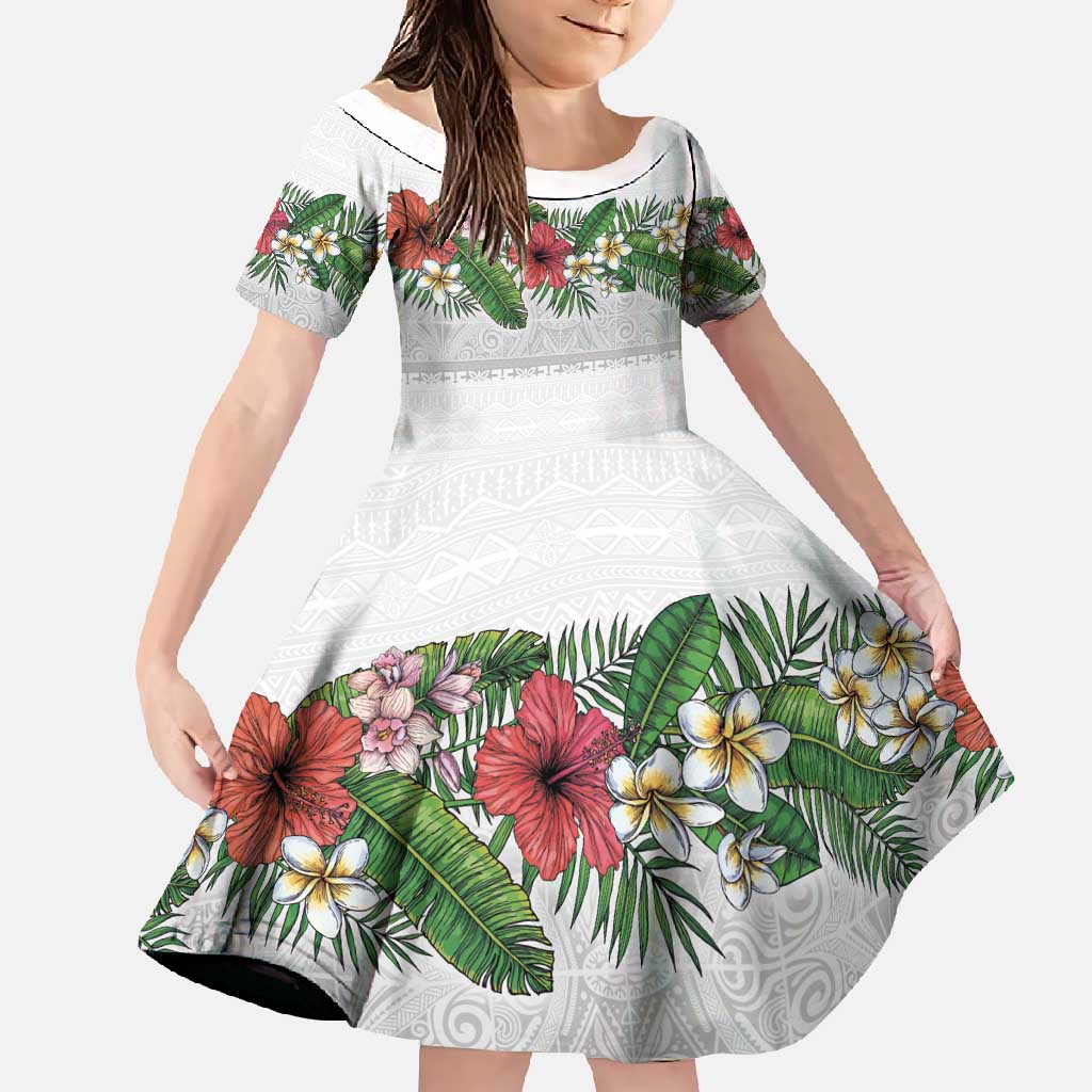Hawaiian Tropical Flowers and Tribal Polynesian Tattoo Family Matching Long Sleeve Bodycon Dress and Hawaiian Shirt White Color LT03 Daughter's Dress White - Polynesian Pride