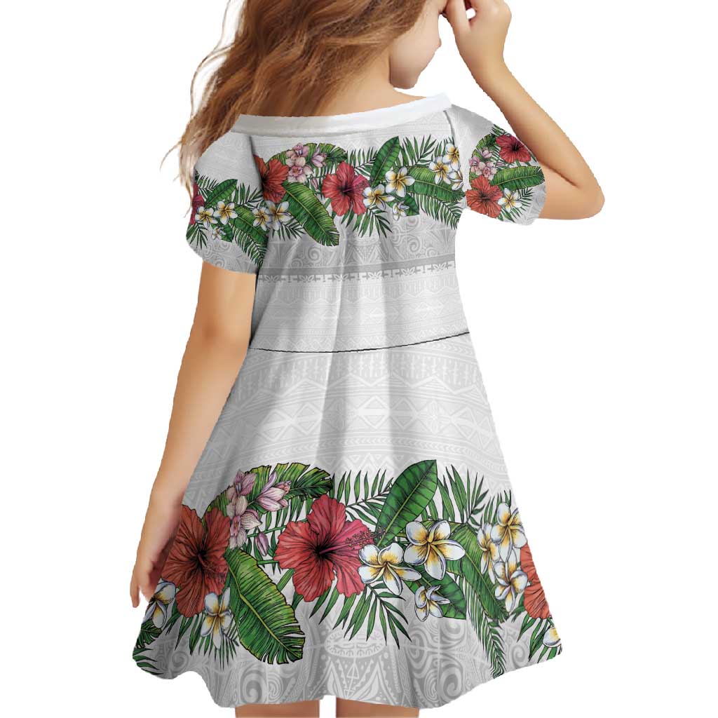 Hawaiian Tropical Flowers and Tribal Polynesian Tattoo Family Matching Long Sleeve Bodycon Dress and Hawaiian Shirt White Color LT03 - Polynesian Pride
