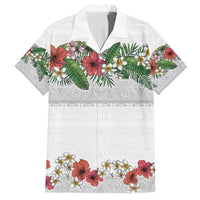 Hawaiian Tropical Flowers and Tribal Polynesian Tattoo Family Matching Long Sleeve Bodycon Dress and Hawaiian Shirt White Color LT03 Dad's Shirt - Short Sleeve White - Polynesian Pride