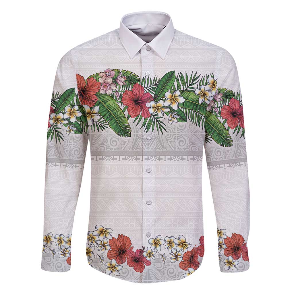 Hawaiian Tropical Flowers and Tribal Polynesian Tattoo Family Matching Long Sleeve Bodycon Dress and Hawaiian Shirt White Color LT03 Dad's Shirt - Long Sleeve White - Polynesian Pride
