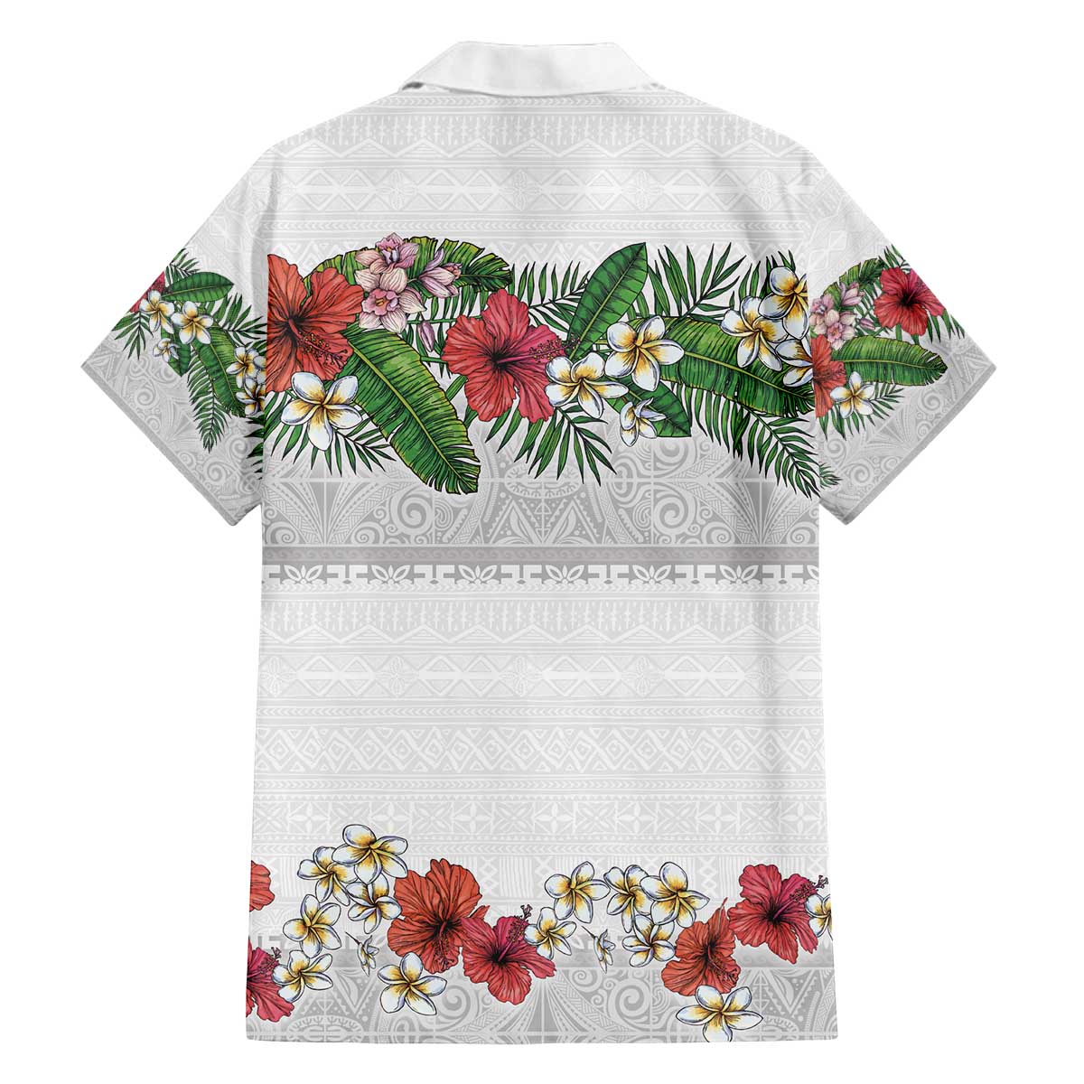 Hawaiian Tropical Flowers and Tribal Polynesian Tattoo Family Matching Off The Shoulder Long Sleeve Dress and Hawaiian Shirt White Color