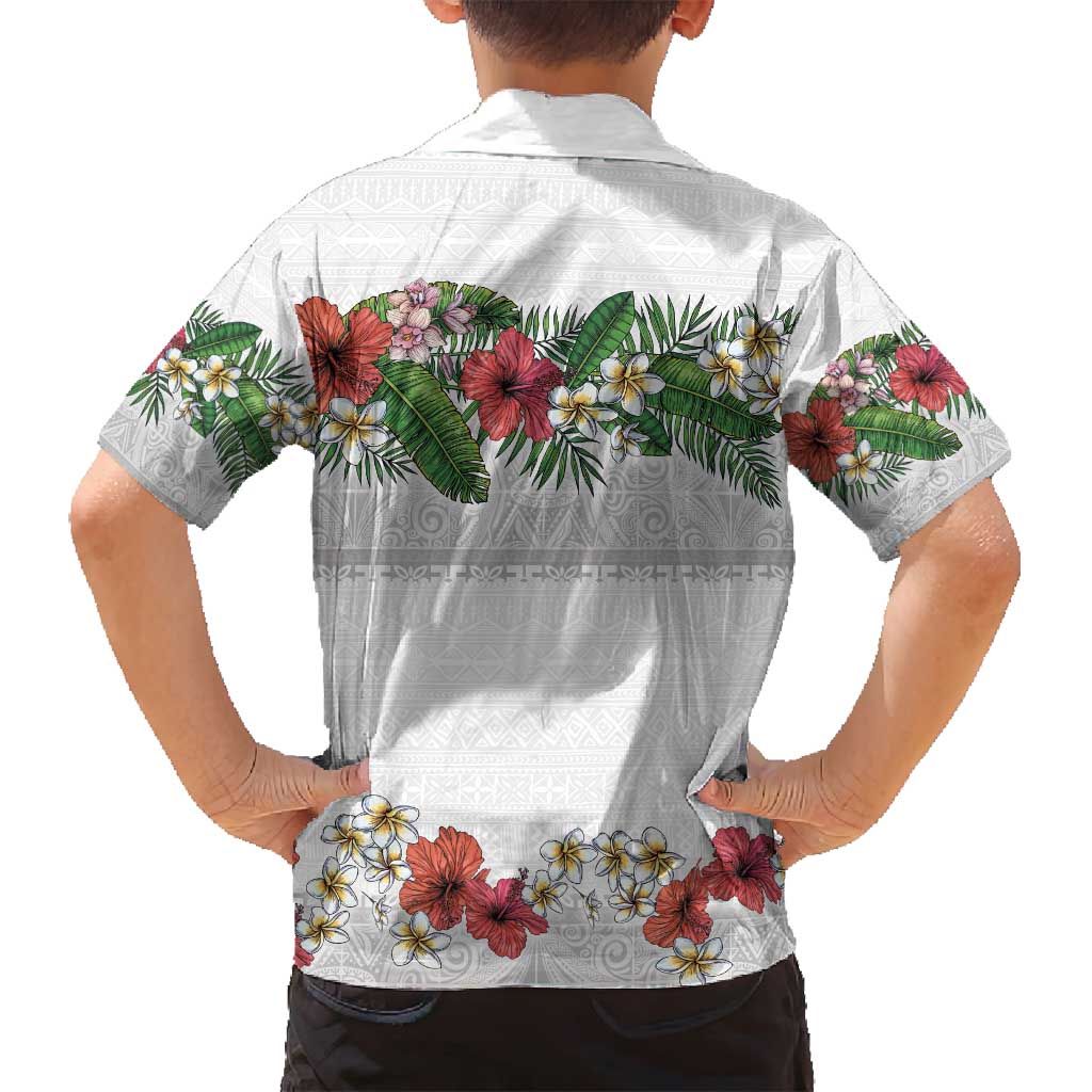 Hawaiian Tropical Flowers and Tribal Polynesian Tattoo Family Matching Puletasi and Hawaiian Shirt White Color LT03 - Polynesian Pride