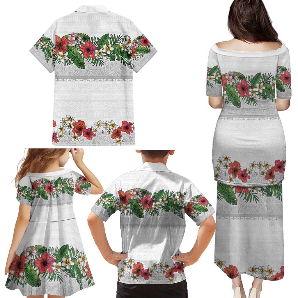 Hawaiian Tropical Flowers and Tribal Polynesian Tattoo Family Matching Puletasi and Hawaiian Shirt White Color LT03 - Polynesian Pride