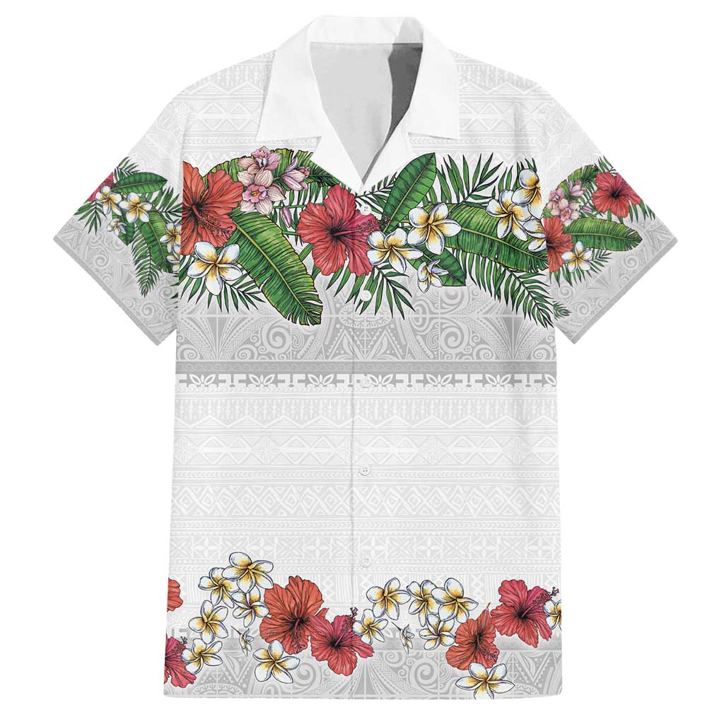 Hawaiian Tropical Flowers and Tribal Polynesian Tattoo Family Matching Puletasi and Hawaiian Shirt White Color LT03 Dad's Shirt - Short Sleeve White - Polynesian Pride