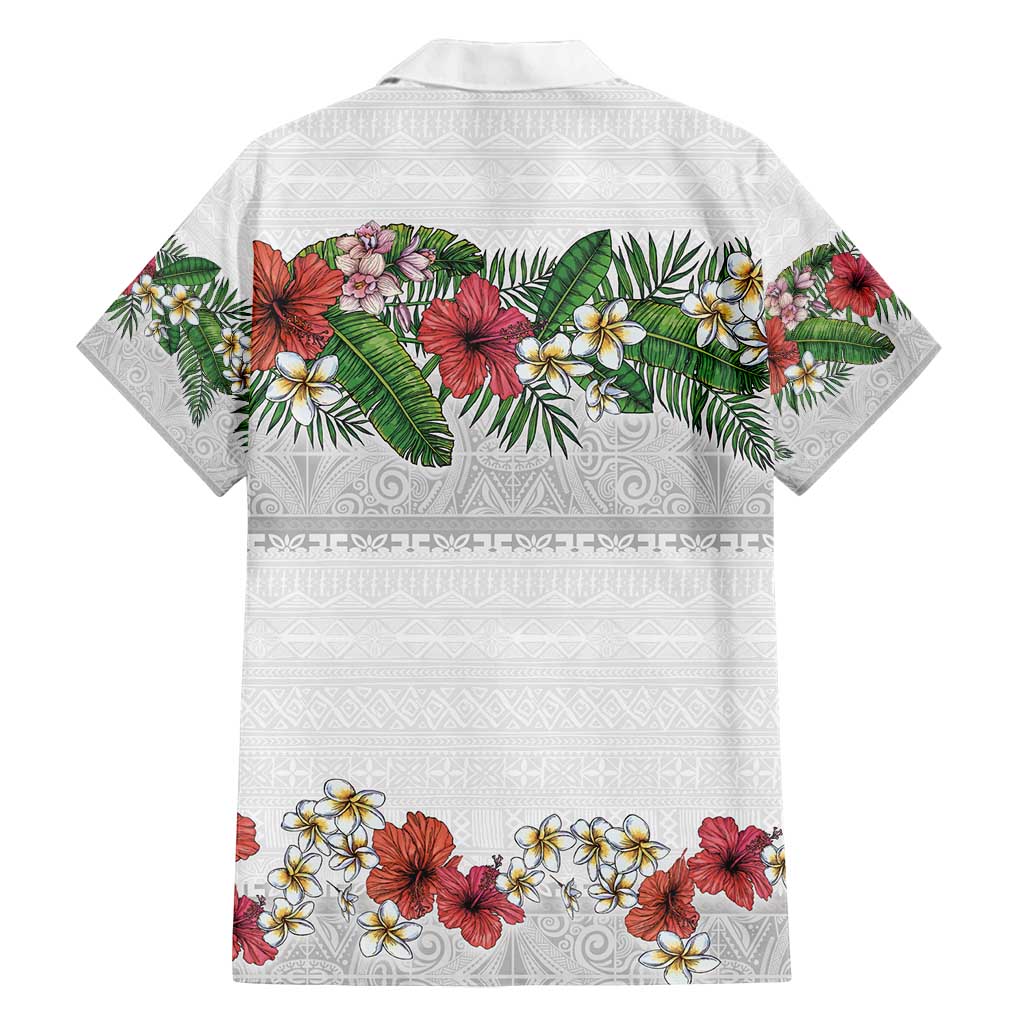 Hawaiian Tropical Flowers and Tribal Polynesian Tattoo Family Matching Puletasi and Hawaiian Shirt White Color LT03 - Polynesian Pride