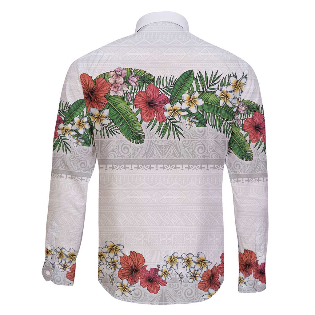 Hawaiian Tropical Flowers and Tribal Polynesian Tattoo Family Matching Puletasi and Hawaiian Shirt White Color LT03 - Polynesian Pride