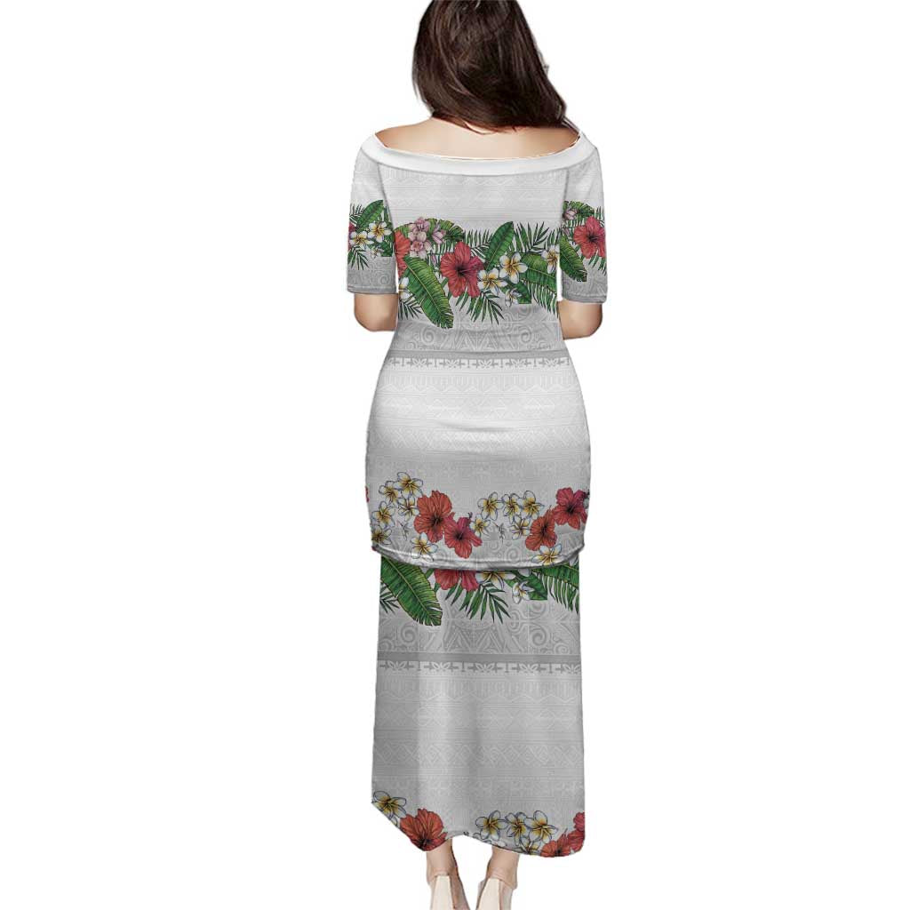 Hawaiian Tropical Flowers and Tribal Polynesian Tattoo Family Matching Puletasi and Hawaiian Shirt White Color LT03 - Polynesian Pride
