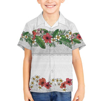 Hawaiian Tropical Flowers and Tribal Polynesian Tattoo Family Matching Puletasi and Hawaiian Shirt White Color LT03 Son's Shirt White - Polynesian Pride