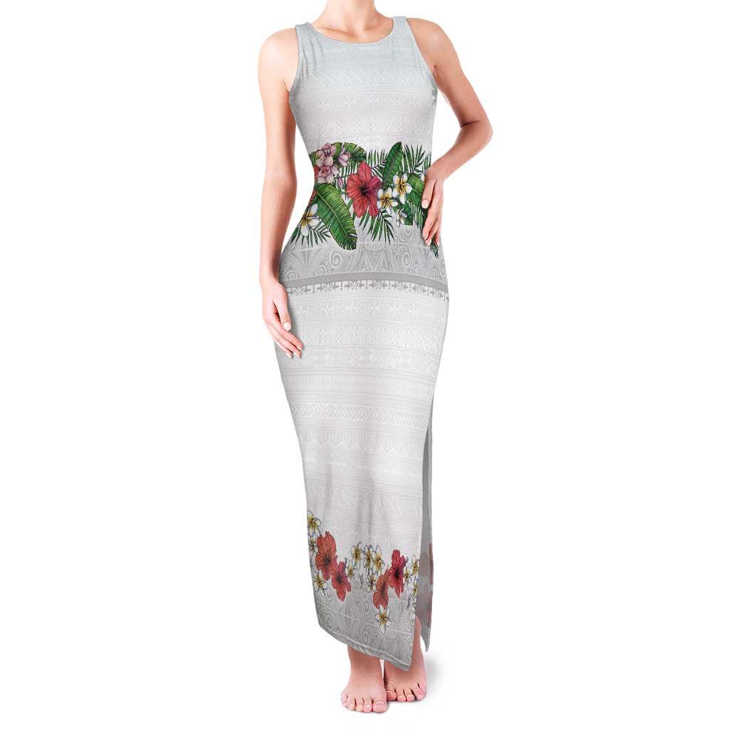 Hawaiian Tropical Flowers and Tribal Polynesian Tattoo Family Matching Tank Maxi Dress and Hawaiian Shirt White Color