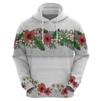 Hawaiian Tropical Flowers and Tribal Polynesian Tattoo Hoodie White Color