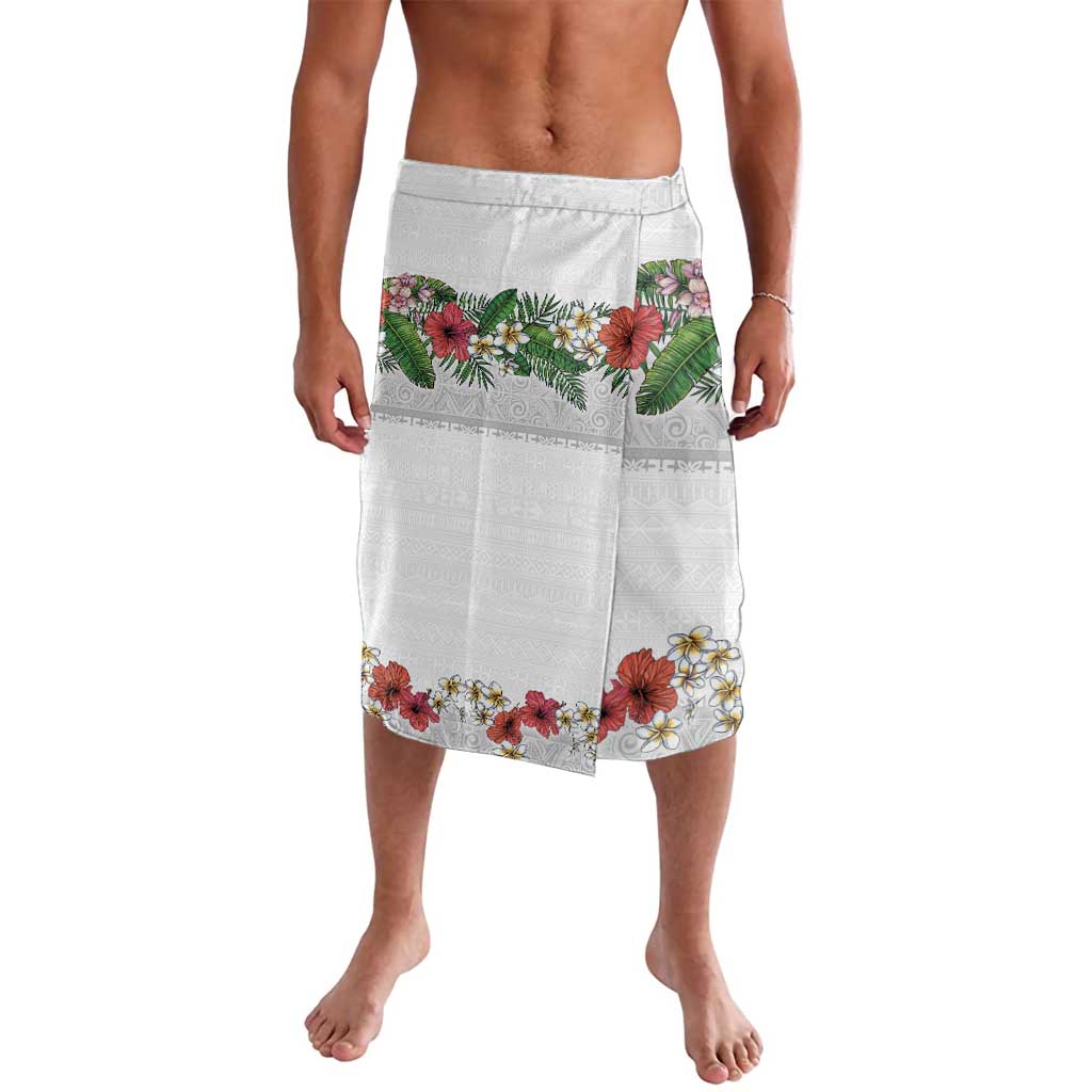 Hawaiian Tropical Flowers and Tribal Polynesian Tattoo Lavalava White Color