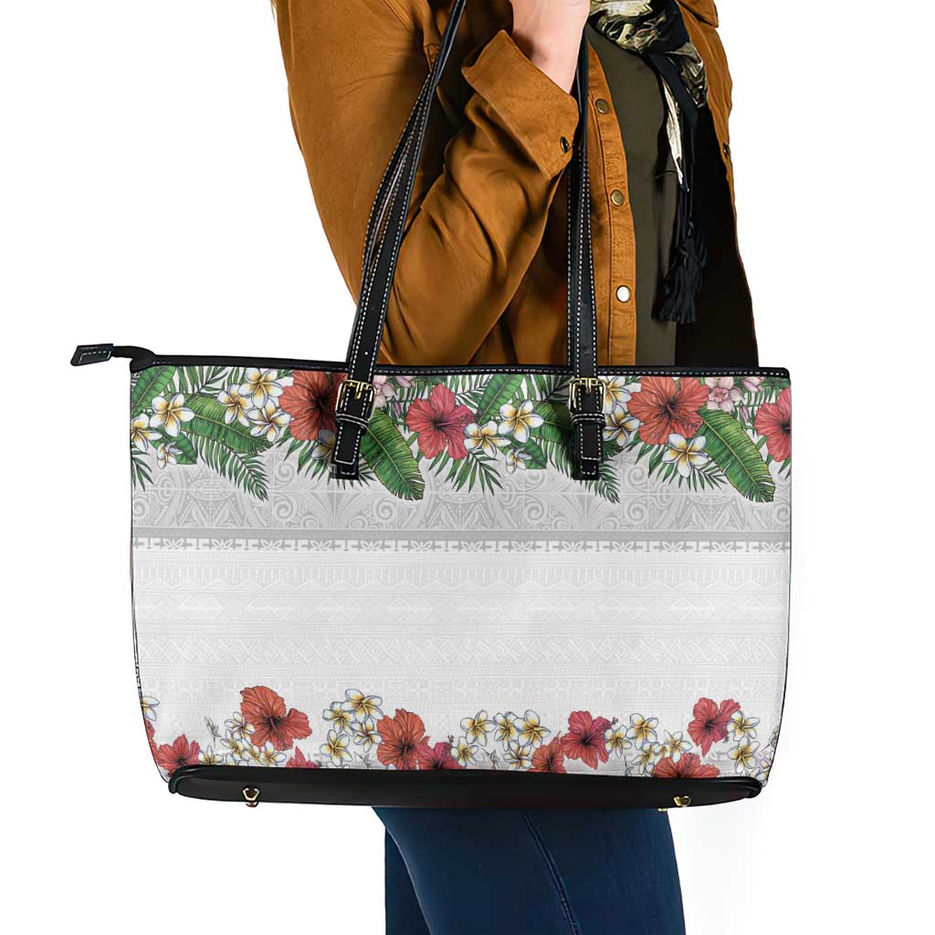 Hawaiian Tropical Flowers and Tribal Polynesian Tattoo Leather Tote Bag White Color