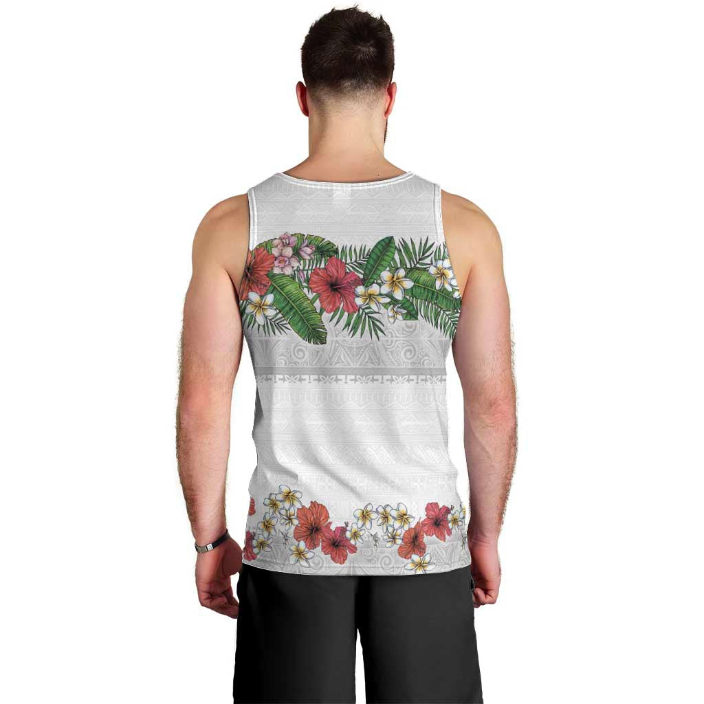 Hawaiian Tropical Flowers and Tribal Polynesian Tattoo Men Tank Top White Color