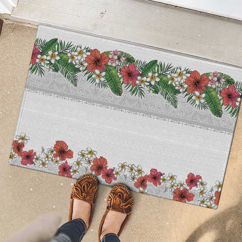 Hawaiian Tropical Flowers and Tribal Polynesian Tattoo Rubber Doormat White Color
