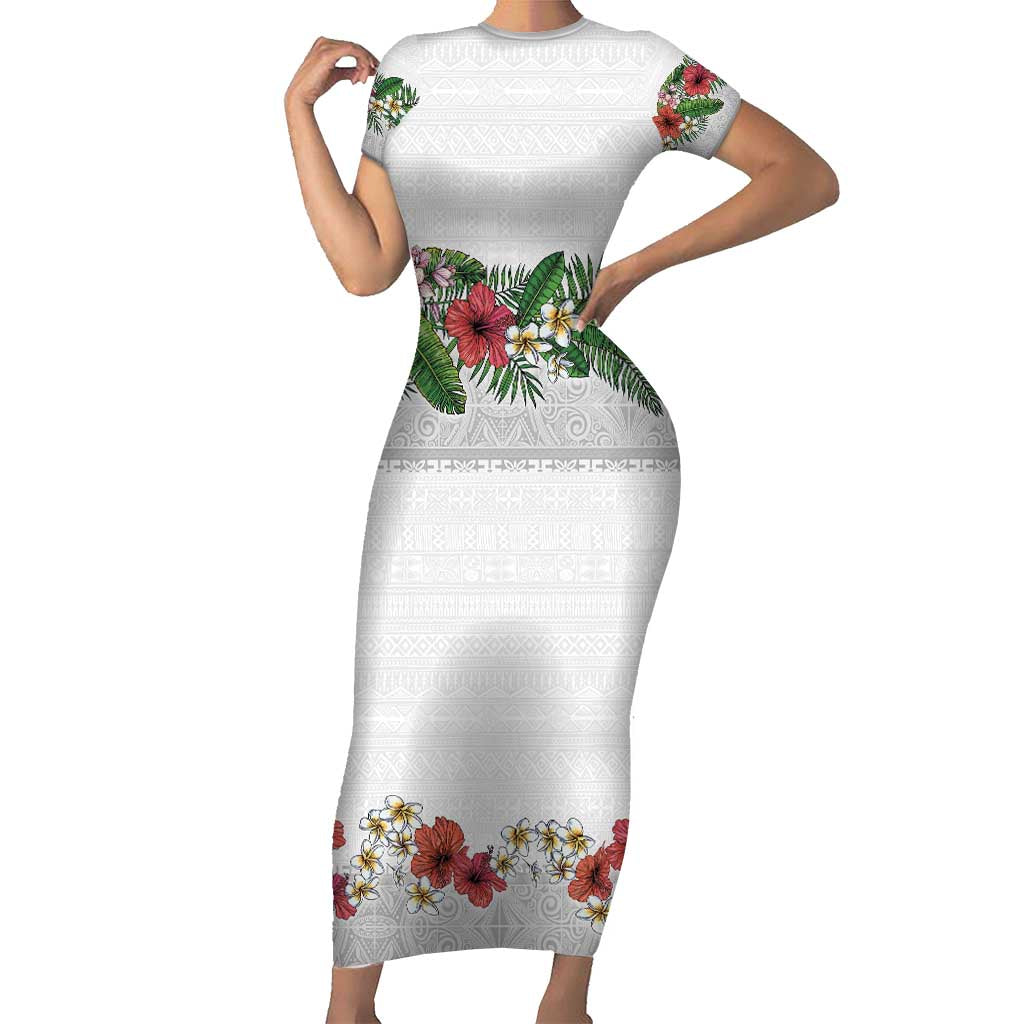 Hawaiian Tropical Flowers and Tribal Polynesian Tattoo Short Sleeve Bodycon Dress White Color LT03 Long Dress White - Polynesian Pride