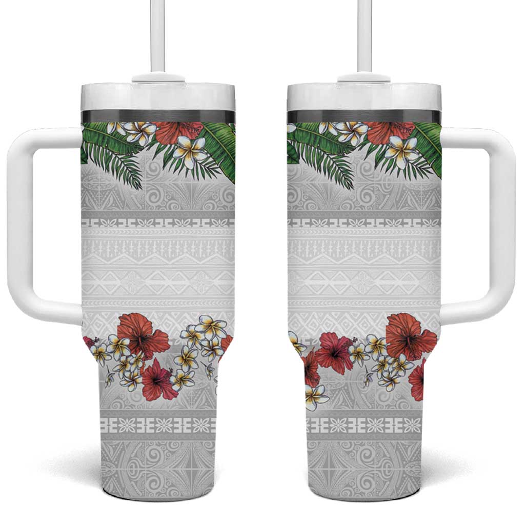 Hawaiian Tropical Flowers and Tribal Polynesian Tattoo Tumbler With Handle White Color