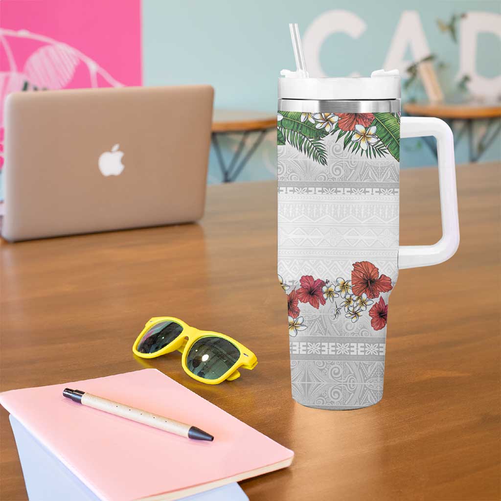 Hawaiian Tropical Flowers and Tribal Polynesian Tattoo Tumbler With Handle White Color