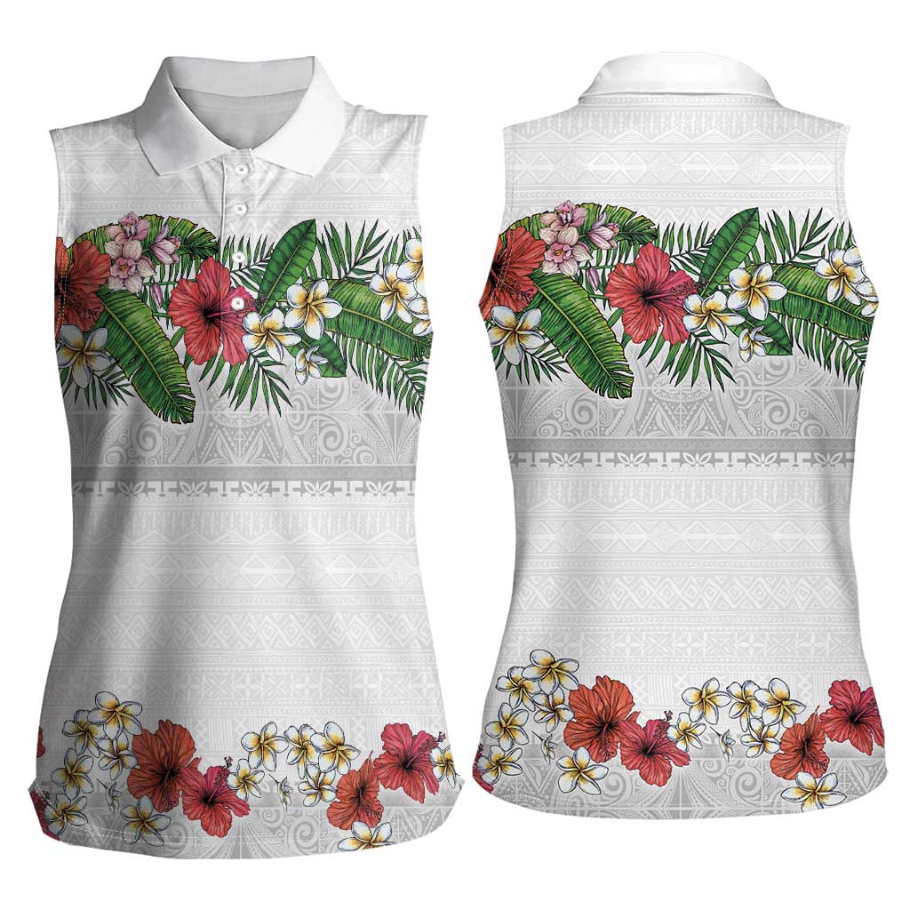 Hawaiian Tropical Flowers and Tribal Polynesian Tattoo Women Sleeveless Polo Shirt White Color