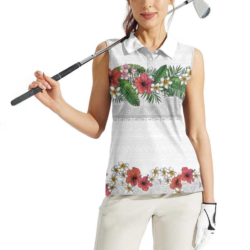 Hawaiian Tropical Flowers and Tribal Polynesian Tattoo Women Sleeveless Polo Shirt White Color