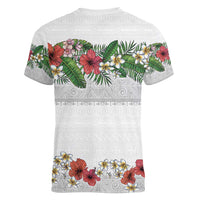 Hawaiian Tropical Flowers and Tribal Polynesian Tattoo Women V-Neck T-Shirt White Color LT03 - Polynesian Pride